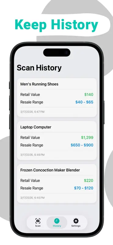 Resell Scanner scan history showing retail value and resale range